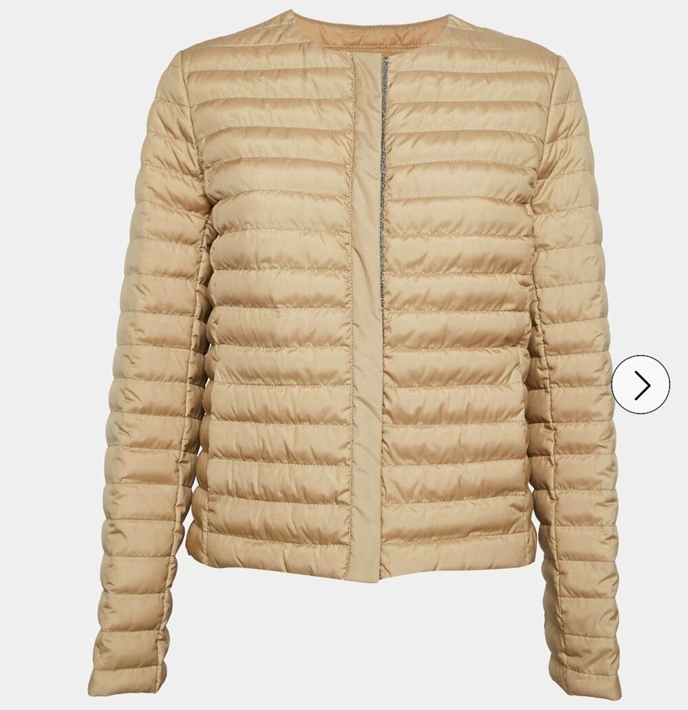 BRUNELLO CUCINELLI Beige Silk Monili Bead Trim Puffer Jacket Down Coat Sz 42